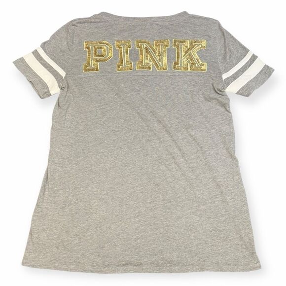 PINK VICTORIA’S SECRET Women’s Gray White Stripe Sleeve V-Neck Tee Size Medium - Picture 2 of 5